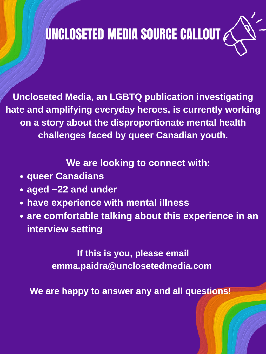 Uncloseted Media looking to interview Canadians aged ~22 and under about Mental Health&nbsp;Support